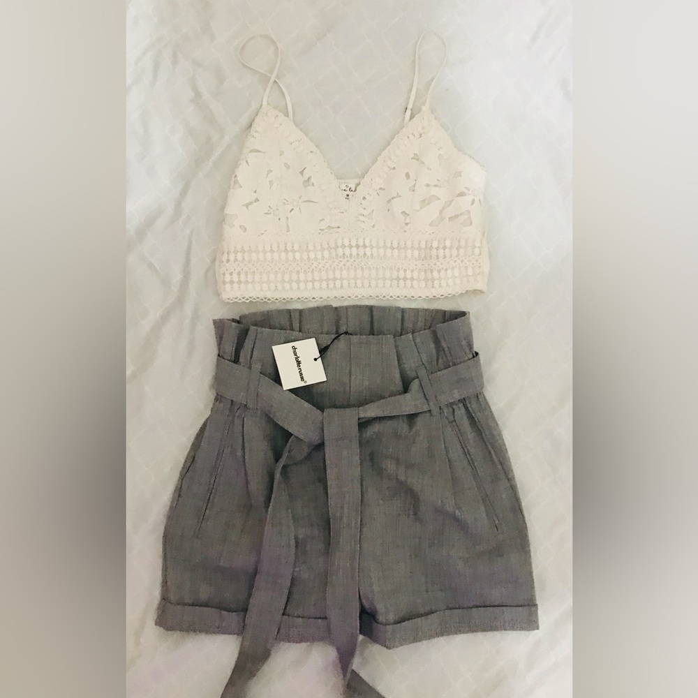 Charlotte Russe Cream Lace Bralette and Gray Tie-Waist Shorts